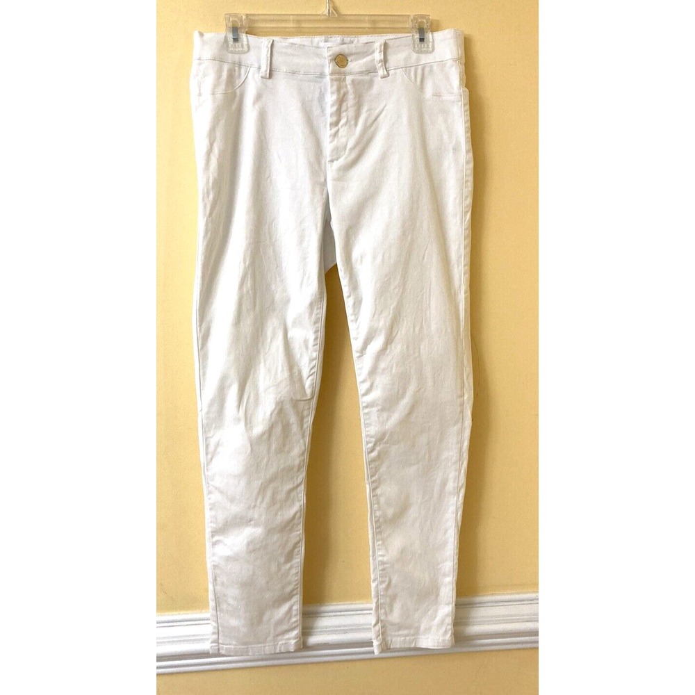 Calvin Klein White Chino Sz 8 Straight Leg Flat Front Gold Button Logo Stretch
